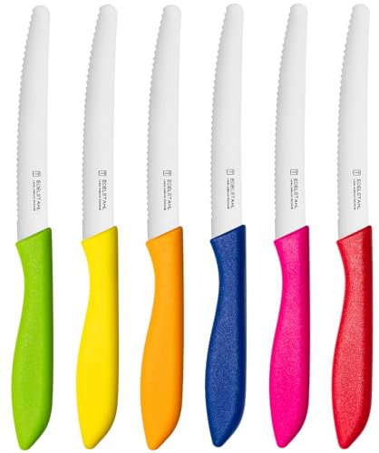targzier Frühstücksmesser Set 6-teilig,Brötchenmesser Wellenschliff,Bunt Brotzeitmesser,Tomatenmesser,Buttermesser,Scharfes tafelmesser wellenschliff,Spezialklingenstahl,Spülmaschinenfest,Multicolor