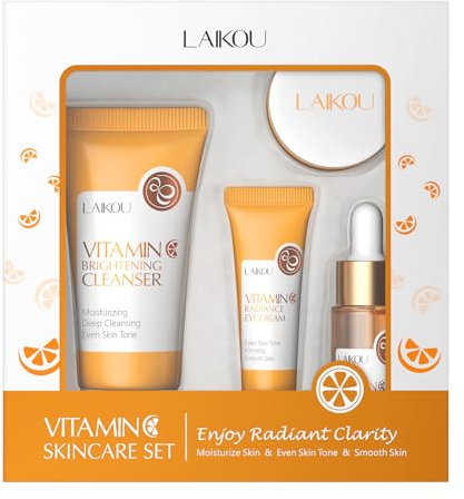 LAIKOU Set Regalo Skincare con Vitamina C 4 Pezzi (Detergente Viso 50g + Crema Occhi 15g + Siero 17ml + Crema Viso 25g) - Idratazione e Luminosità per Giovani Donne