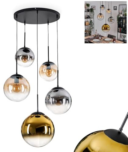 Hängeleuchte Gastor, Hängelampe aus Metall/Glas in Schwarz/Gold/Bernstein/Rauch/Klar, Leuchte im Retro/Vintage-Design, Schirme aus Glas (Ø 20, 25, 30 cm), Höhe max. 150 cm, 5 x E27, ohne Leuchtmittel