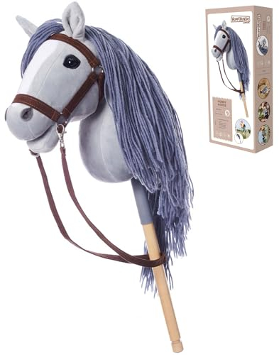 HOPPIHORSE Steckenpferd mit Trense - A3 - Hobby Horse mit Zügeln, Schultergurt, Schweif - hochwertiges Plüsch mit Langer Mähne - Silikongriff für besseren Halt - mit Geschenkverpackung