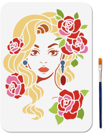 MAYJOYDIY Modische Frauen Schablone Rose Lockiges Haar Dame Malschablonen Mit Pinsel 29.7×21cm Wiederverwendbare Elegante Frau Vorlage Zum Malen Für Holz Wände Fenster Heimwerker Dekoration