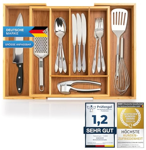 Dimono® Cubertero de madera de bambú Cajones; 7-9 compartimentos Sistema organizador Organizador flexible Cajón extraíble para cocina, oficina, baño y taller (Extensible hasta 45,5 cm)