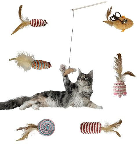 Katzenspielzeug Natur 7 Teile Set, Maus aus Plüsch und Sisalseil mit Federn inkl. Katzenangel aus Holz, interaktives Katzen Spielzeug zur selbstbeschäftigung, fördert Koordination von Kitten