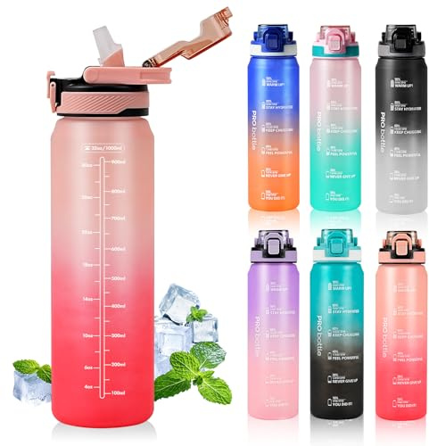 SEASEVEN Sports 1L Water Bottle with Straw,Plastic Drinks Bottle,1 Litre Water Bottles with Time Markings,Waterbottle Leak Proof-Bpa-Free for Gym,School, Office,Travel (Pink)