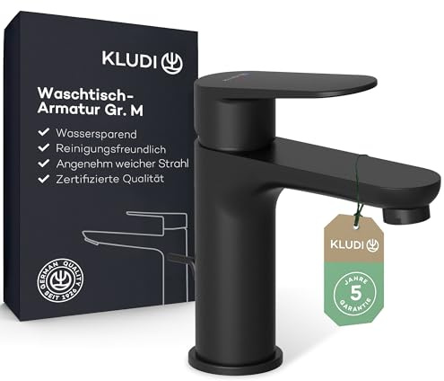 KLUDI-X1 Wasserhahn Bad mit Zugstangen-Ablauf, Auslaufhöhe 95 mm, wassersparende Waschtischarmatur Schwarz Matt Größe M, Keramikkartusche, Mischbatterie Waschbecken inkl. Anschlussschläuche