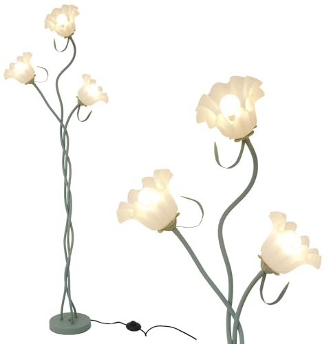 YESINTO Lampada da Terra,Lampada Vintage con 3 Fiori Paralume,Piantane da Salotto Per Salotto, Camera Da Letto,Ufficio,Regolabile 360° Tubo Collo d'oca,Interruttore a Pedale,Bianco Opaco,Verde,170CM