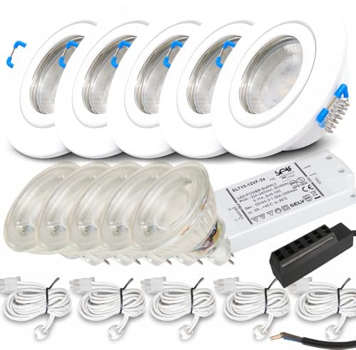 Rolux LED Einbaustrahler 5er Set – 12V, 3W, Warmweiß (250 lm) – IP44 Feuchtraum geeignet – Inkl. Trafo, AMP Kabel (120 cm) & 6-fach Verteiler – Ideal für Bad, Küche, Dusche & Außenbereich – Weiß