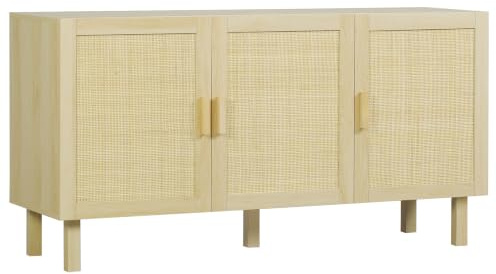HOMCOM Aparador con 2 Puertas de Rejilla de Ratán 136x41x70 cm Natural | Aparador para Salón Nórdico, Estantes Ajustables, para Comedor, Entrada, Dormitorio