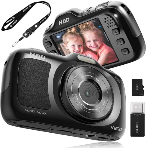 Fotocamera digitale 4K con modalità bellezza, fotocamera portatile ultra compatta da 120 g per principianti, zoom 16x, anti-shake e autofocus, scheda da 32 GB, fotocamere portatili ultra compatte da