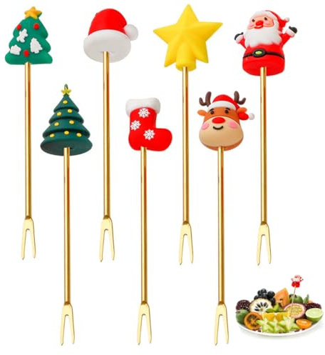 GXGM 6 Forchetta Da Frutta in Acciaio Inossidabile Con Manico in Silicone Per Decorare La Tavola Di Natale,Set Posate con Etichette Natalizie,Cucchiaini da tè da Dessert in Acciaio di Natale
