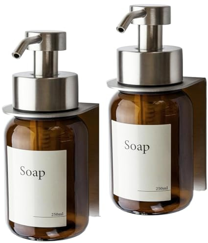 ZXYYPS Glas-Seifenspender Wandmontage ohne Bohren, Braun/Silber, Doppelpack | Glas und Edelstahl, platzsparende Wandmontage, nachfüllbar und für Bad und Küche geeignet