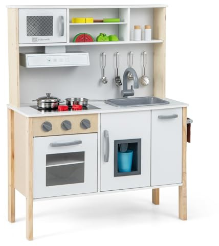 GOPLUS Cocina de Juguete para Niños de Madera, Cocina Infantil de Juguete con Microonda, Fregadero, Grifo, Placas de Gas, Campana Extractora, Heladera y Horno, para Niños de 3+ años (Blanco)