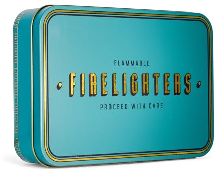 TINIT Firelighter Tin - Storage Accessory Metal Tin Natural Woodburner Fire Stove Fireplace Fireside Mens Gift Present BBQ Match Homewarming Present Kitchen Christmas | Firelighters (Gold on Teal)