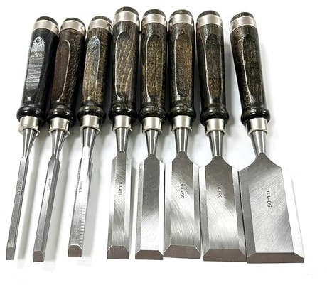 8PCS Wood Chisel Set with Walnut Handles, CR V 60 Steel Beveled Chisels 1/4 to 2, Sharpening Guide & Oil Stones, Professional Woodworking Tools in Wooden Case for Carving