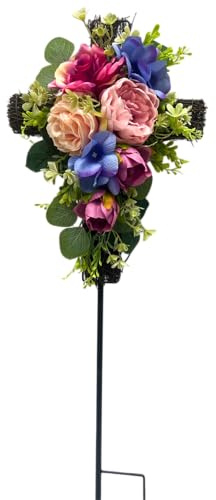 Svndlyn 32 Solar Memorial Cross Light for Cemetery Grave Peony & Rose Floral Stake with 6 Warm LEDs - Artificial Cross Stake Wreath for Garden Roadside Tribute