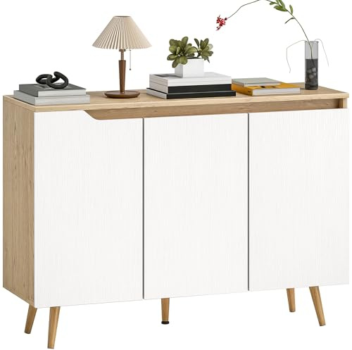 HOMCOM Buffet Salon, Meuble de Rangement avec 3 Portes, 2 étagères réglables et 5 Pieds en Bois d'hévéa, Style Rustique, Buffet Salle à Manger et Cuisine, 107 x 35 x 76,5 cm, Blanc et chêne