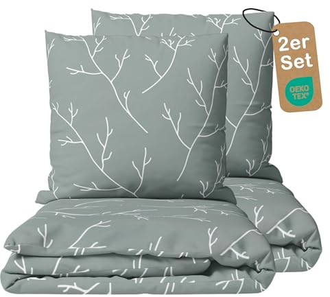 LINKHOFF Renforce Bettwäsche 135x200 Baumwolle 4teilig - Grün mit Blumen 2 Bettbezüge + 2 Kissenbezüge - Grüne Sommerbettwäsche kühlend & bügelfrei - Olivgrün Blätter u. Zweige – Sommer