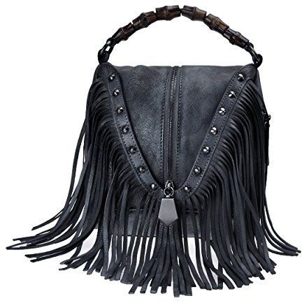 ZLYC Women's Leather Bamboo Hand Strap Featured Fringe Bohemian Tassel Studed Cross Body Bag