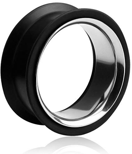viva-adorno® 1 Stück Silikon Flesh Tunnel Plug Ohr Piercing Edelstahl Inlay Größe 6-40mm Z368, schwarz 22mm