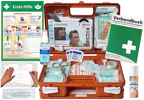 Verbandskoffer/Verbandskasten (K) Typ CS -Paket 2- Erste Hilfe nach aktueller DIN 13157 für Betriebe -DSGVO- INKL. PERFORIERTEM VERBANDBUCH + Hygiene-Gel & Sprühpflaster + AUSHANG