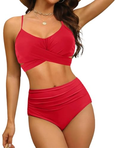 JFAN Bikini para Mujer Push Up Brasileños Bañador de Fruncido Traje de Baño de Cintura Alta Atar en la Espalda Rojo,L