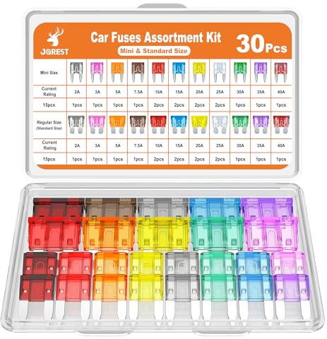 JOREST 30Pcs Kfz Sicherung Set, 15 Mini Flachsicherungen Auto + 15 Standard sicherungen kfz - für PKW/Wohnmobil/LKW/Motorrad (2 Ampere 3A 5A 7.5A 10A 15A 20A 25A 30A 35A 40A)