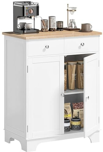 HOMCOM Meuble de Rangement Buffet Salon avec placards à Portes, 2 tiroirs et étagère réglable, Armoire de Rangement pour Salon, Cuisine, Chambre, Blanc et Bois Naturel