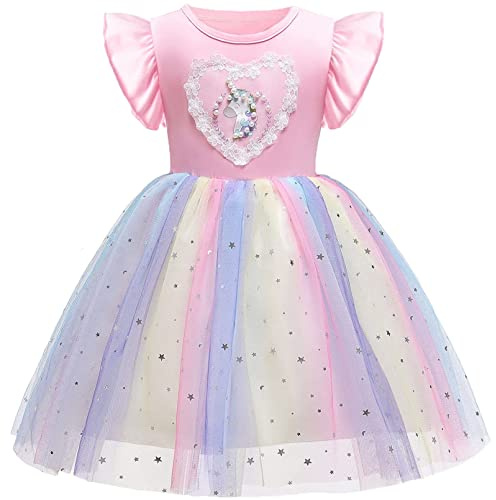 Discoball Girls Unicorn Dress, Rainbow Tulle Grils' Dresses, Cotton T-Shirt Kids Dress for Cosplay, Wedding, Birthday Party, Casual Clothing 2-8 Years