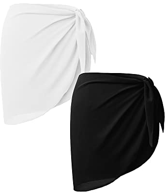 2 Stück Strand Wrap Sarong Vertuschung Chiffon Badeanzug Wickelröcke Bikini Rock Strandtuch Damen Kurz Bikini Cover up Wickeltuch Strandkleid für Urlaub Sexy Strandkleider (Schwarz+Weiß, M)