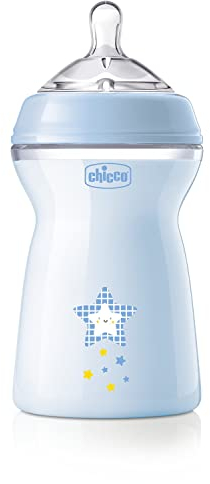 Chicco Natural Feeling Biberon Anticolica 6 Mesi + da 330 ml, Biberon con Tettarella in Silicone Morbida e Flessibile, Adatto per Allattamento Misto, Flusso veloce, Colore Azzurro
