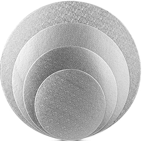 Cozlly Board Set 4 Tortenplatte Kuchenplatte Tortenunterlage 5mm Dick Cakeboard Rund 15cm +20cm + 25cm + 30cm Tortenboden Silber Cakeboard Drums Tortenteller 301-04407