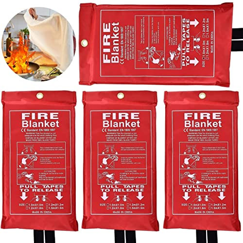 Emergency Fire Blankets for Home, Fiberglass Fire Resistant 1m x 1m Blanket Soft Case, Kitchen Fire Blanket, Fire Safety Blanket Quick Unfolding With Loops for Home, Office (Pack of 4)