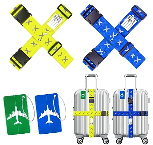 Flintronic Koffergurt Kofferband, 4 Stück Einstellbare Kofferband + 2 Stück Kofferanhänger, mit Namensschild & Adressschild, für Gepäckband zum Reisen & Fliegen