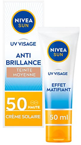 NIVEA SUN - Crème UV Visage Anti-Brillance Teintée FPS 50 - Protection UVA/UVB - Hydrate, Protège & Matifie - Antioxydant - Sans Silicone - Non Collant - Peaux Normales À Mixtes - Medium - 50 ml