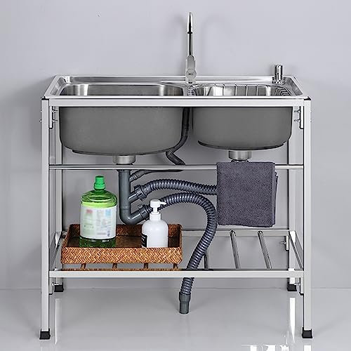 Garage Sink Large Kitchen Sink Stainless Steel Double Bowl Commercial Utility Sink with Cold and Hot Tap for Garage Garden Bar Restaurant Outdoor