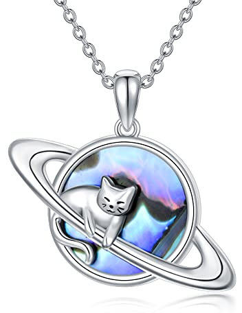 PROESS Katze Kette Planet Kette Sterling Silber Katze Halskette Planet Anhänger Katzen Schmuck Geschenke für Frauen Mädchen Planet Cat Necklace