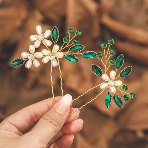 IYOU Haarschmuck Hochzeit Grün Haarspange Perle Hochzeitsgast Braut Haarnadel Damen(Packung mit 2)