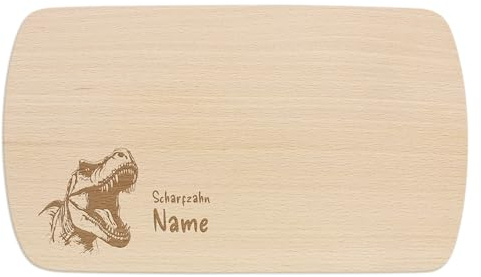 PrintPlanet® - Personalisiertes Holz-Frühstücksbrettchen mit Gravur für Kinder - Schneidebrett mit Namen personalisiert - Motiv: T-Rex