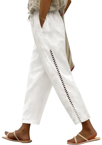 Voqeen Pantaloni di Lino da Donna A Vita Alta Estate Baggy 7/8 Pantaloni di Cotone di Lino Allentati Comodi Pantaloni Leggeri Casual di Garza con Tasche