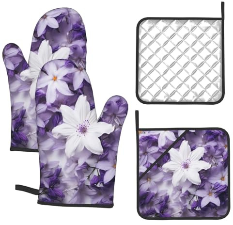 Small Purple Flower Print Oven Mitts and Pot Holders Set 4 Pcs Heat Resistant Kitchen Oven Gloves Potholders Extra Thicken Long Kitchen Gloves and Hot Pads for Cooking Baking Grilling