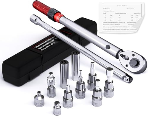 MOCINE Clé Dynamométrique 3/8, 5-60 Nm, Avec Adaptateur 3/8 vers 1/2 et 1/4, Tige d'Extension de 250 mm, Douille de Bougie d'Allumage, Tête à Cliquet, Vélo & Bougies d'Allumage Set de 13 Pièces.