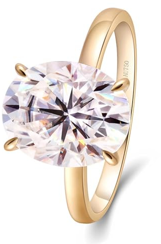 Skcess 18 Karat Gelbgold Engagement Ring Weiß Moissanit Oval, Verlobungsring Ovaler Solitär-Moissanit mit 4 Karat und 4 Krallen Ring Damen Größe 63 (20.1)