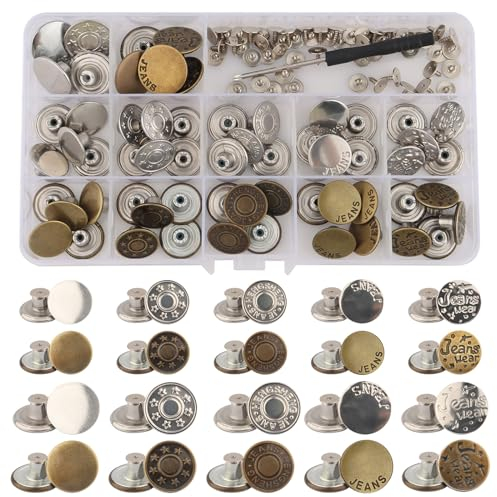 60 Sets Jeansknöpfe zum Schrauben, Jeansknöpfe 17mm und 20mm, Hosenknöpfe, Jeans Knopf Ohne Nähen Entfernbare Metallknöpfe, Jeansknopf Reparaturset mit Schraubendreher, für Damen und Herren Jeans