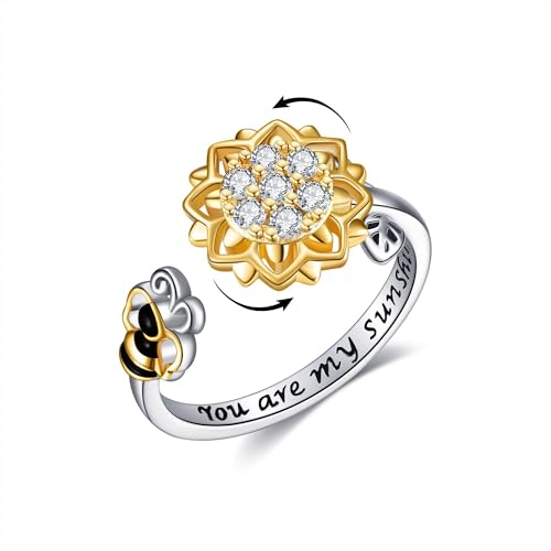 ONEFINITY Zappel Ringe aus 925er Sterlingsilber Sonnenblumen Bienen Spinner Ring offener verstellbarer Ring You Are My Sunshine Ring Schmuck Geschenk für Frauen und Mädchen