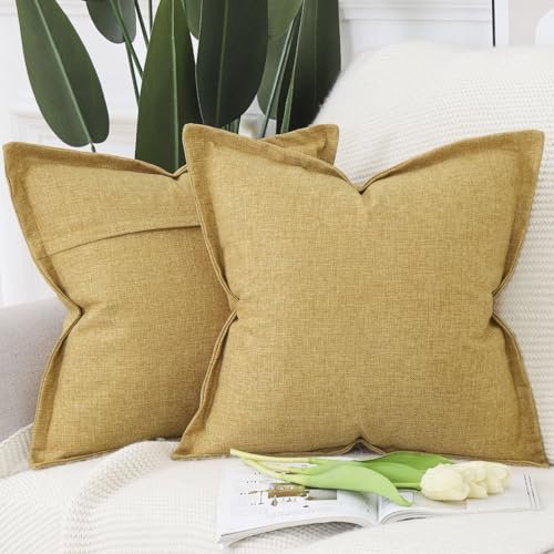 MADIZZ Set med 2 Senapsgul linnekuddfodral med bred kant, mjuka bohemiska dekorativa kuddfodral för sovrummet, modern kuddskal för soffa 45x45 cm