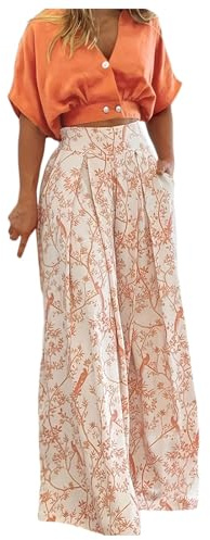 Ensemble 2 Pièces pour Femme - Chemisier et Pantalon Large Taille Haute d'Été - Élégant Lounge - Impression Mode - Combinaison Festive
