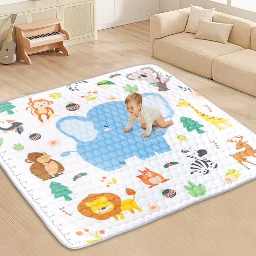 Funsland Krabbelteppich für Baby, Rutschfeste Baby Spielmatte Schadstofffrei 200x180cm, Baumwolle Tier Krabbelmatte Baby Faltbar mit Einem Höhenlineal, Kinder Spielmatte für Innen/Außen/Zaun