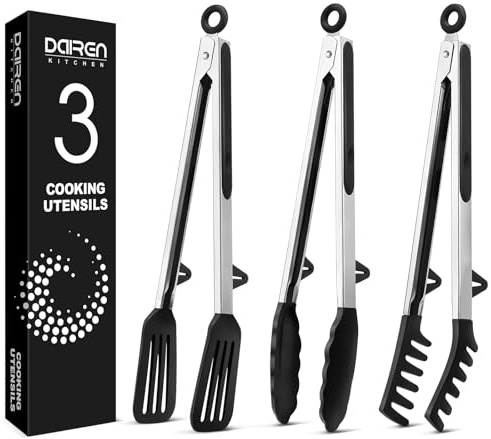 Kitchen Tongs for Cooking, Non Scratch Silicone Tip for Nonstick Cooking Pans, Food Grade Mini Serving Tongs, Pull Lock, Set of 3, Black (BLack, 12 inch)