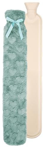 K Collection Extra Long Hot Water Bottle – Super Soft Luxury Faux Fur Heart Embossed Plush Cover – Natural Rubber 2L Capacity – 72cm Long – Perfect for Pain Relief on Aches or Injuries (Sage Green)