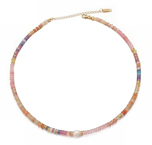 Aleasha Rosa Perlenkette Damen Boho Edelstein Kette süßwasserperlen Strand Halskette Edelstahl Handgefertigte Schmuck 38+5cm